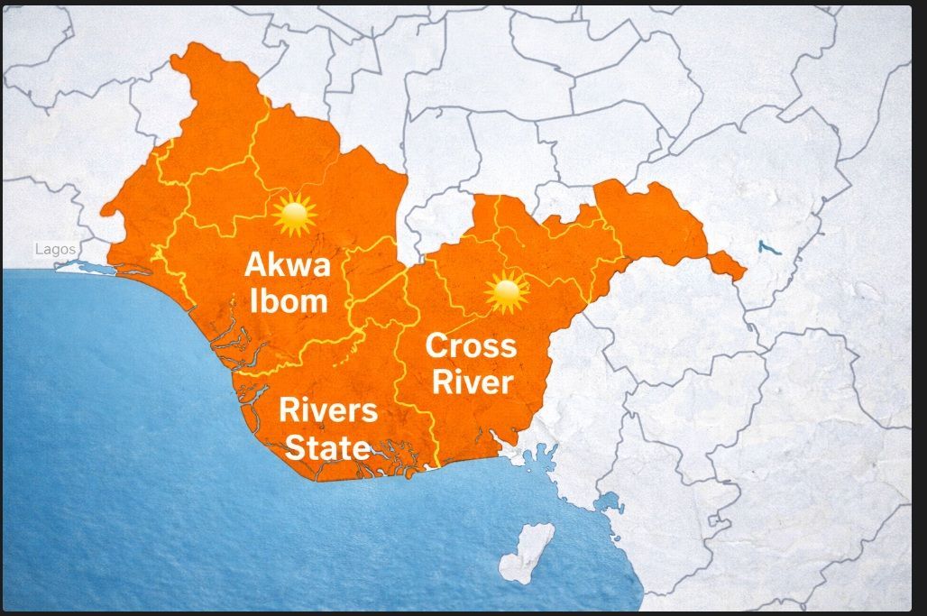 Map highlighting Akwa Ibom, Rivers State, and Cross River in orange on Nigeria’s coast