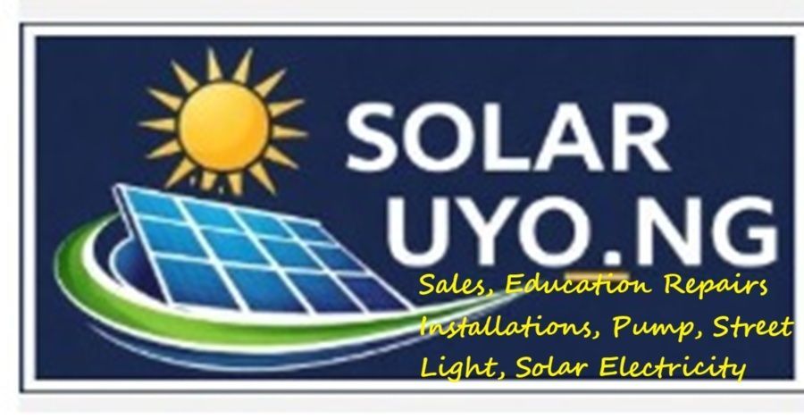 Solar UYO.NG logo with sun, solar panels, and green-blue swoosh on dark blue background