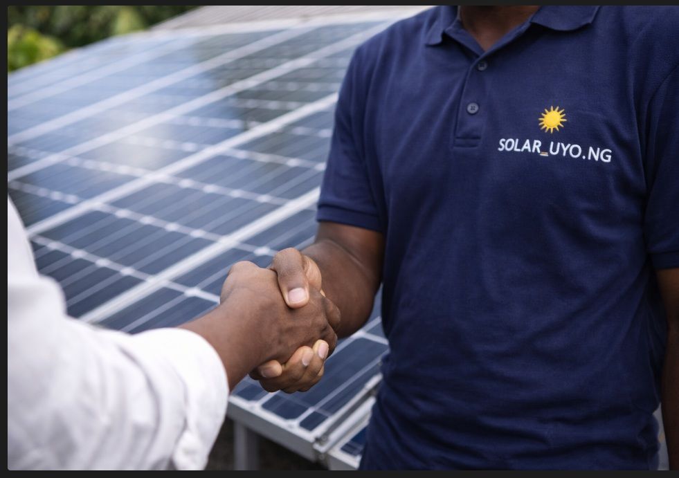 Handshake in front of solar panels, with one person wearing a navy SOLAR_UYO_MG polo shirt