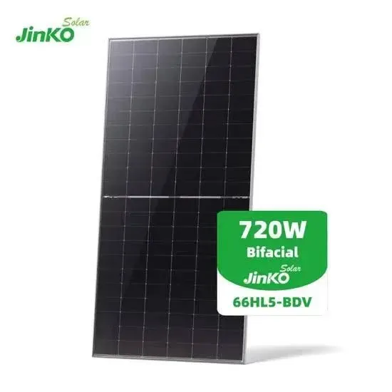 Jinko Solar 720W bifacial black solar panel with product label on white background