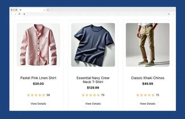 Three product cards: Pink shirt, navy tee, khaki pants. Displayed on a website.