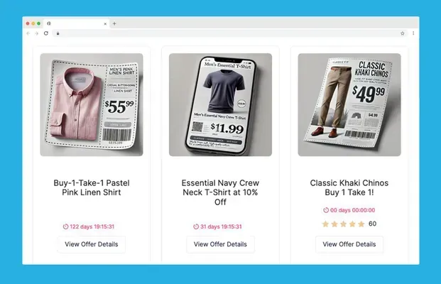 Three clothing promotions: Pink shirt, navy T-shirt on phone, and khaki pants.