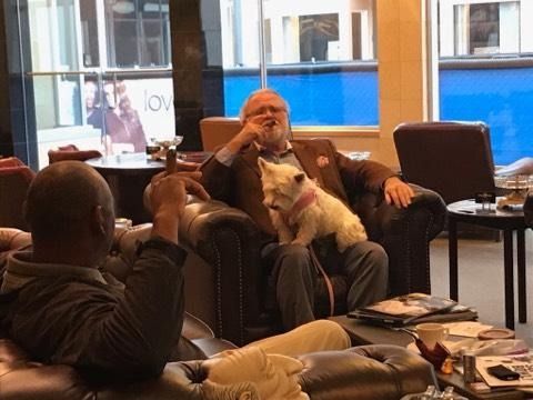 Man sitting in a lounge chair with a white dog on his lap, in a modern waiting area