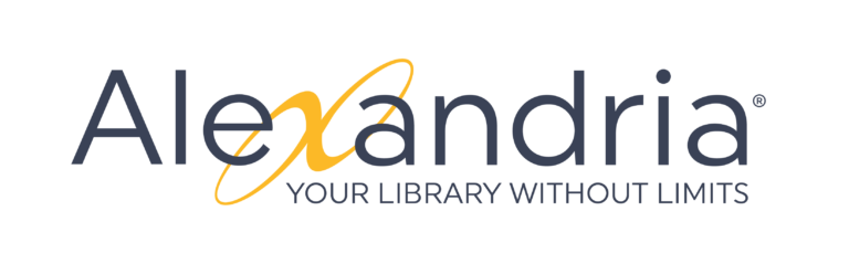 Alexandria library logo with dark blue text and a yellow