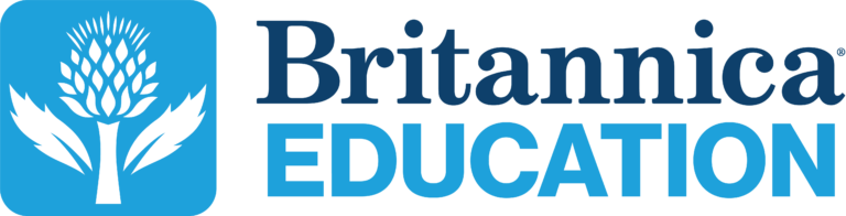 Britannica Education logo: Blue square with a thistle design, with the name