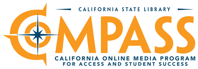 Logo for the California Online Media Program for Access and Student Success (COMPASS). Orange compass design with dark blue star.