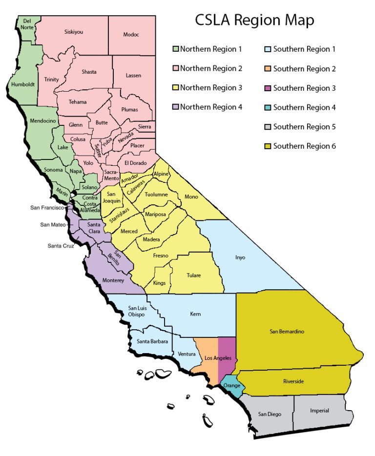 CSLA-Region-Map-1 Map of California divided into regions, with counties color-coded for each region (Northern and Southern).