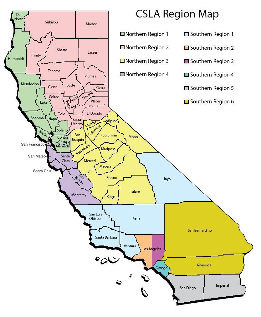 California map showing regions for CSLA, color-coded by region, with counties labeled.