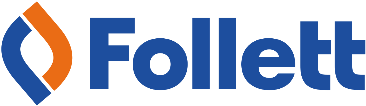 Follett logo: Blue text and flame-shaped graphic with orange interior.