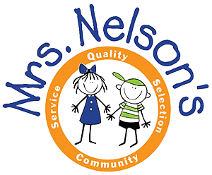 Logo with two stick-figure children holding hands inside an orange circle. Text: Mrs. Nelson's, Quality, Service, Selection, Community.