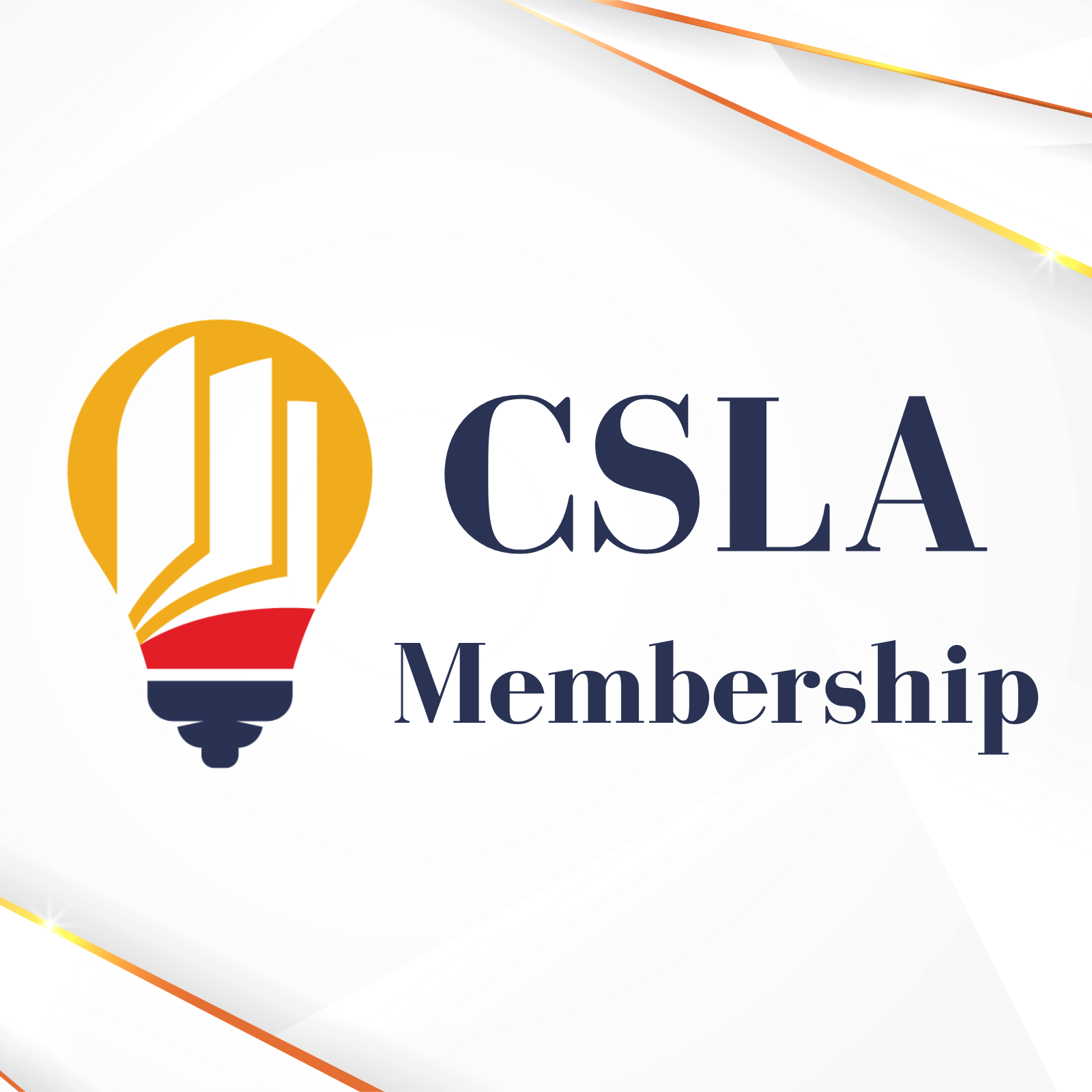 CSLA Membership logo: lightbulb with open book and building within; navy text on white.