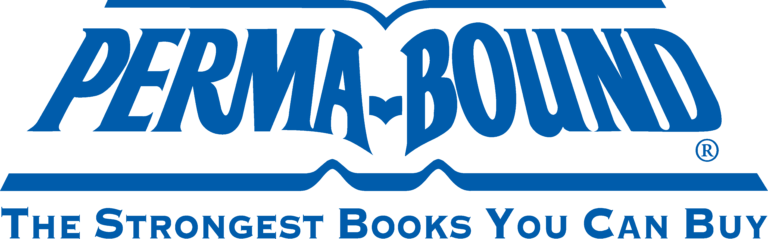 Logo for Perma-Bound, blue text, arched design, with the tagline