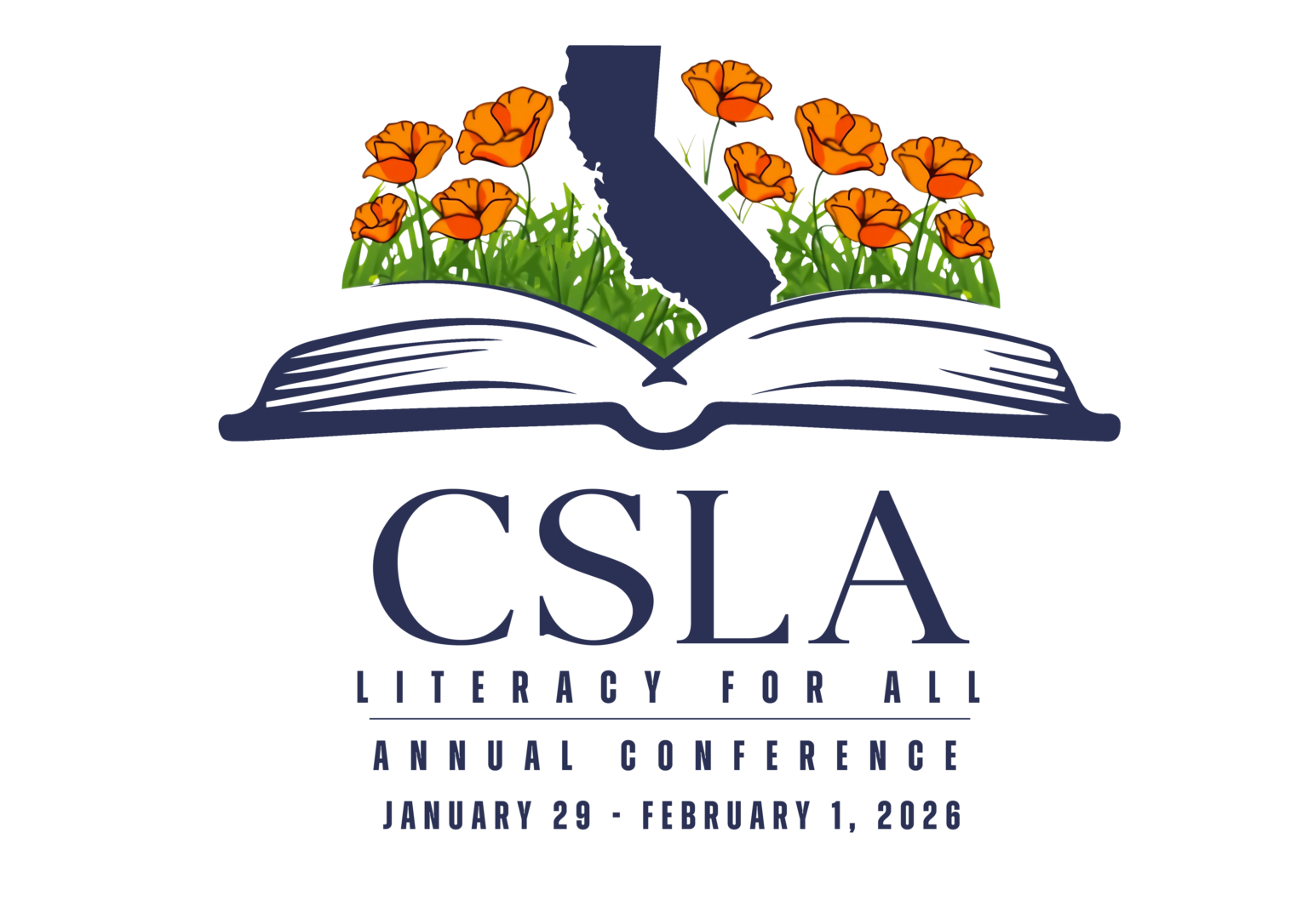 UPdated CSLA LOGO 26 (2) (1) CSLA annual conference logo: open book with California outline, poppies, and text