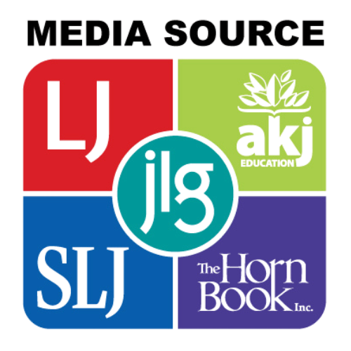 Media source logo with four colored squares and a central circle; contains “LJ,” “akj EDUCATION,” “SLJ,” “The Horn BOOK Inc.,” and “jlg”