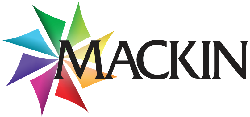Logo for Mackin with colorful starburst graphic. Black text.