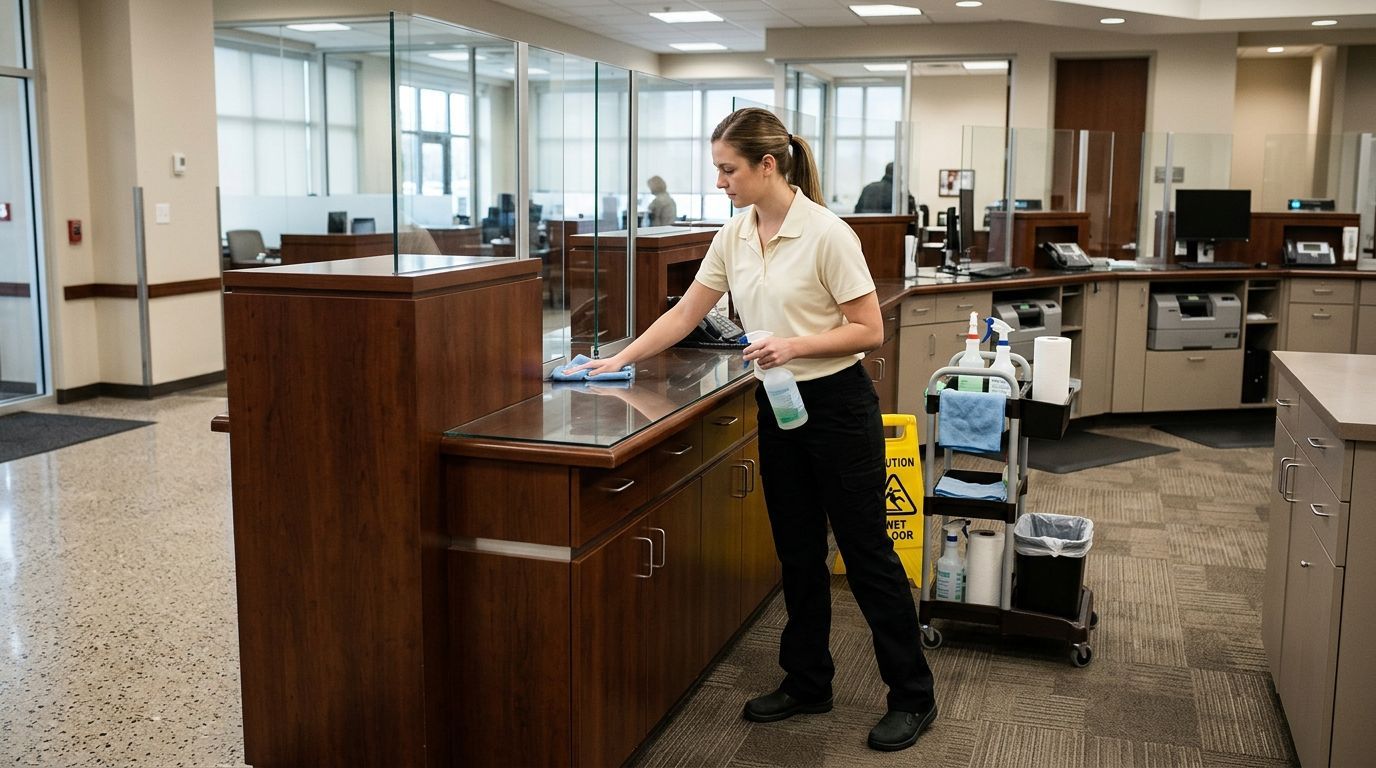 Commercial cleaning professional disinfecting bank teller counter in Shakopee, MN