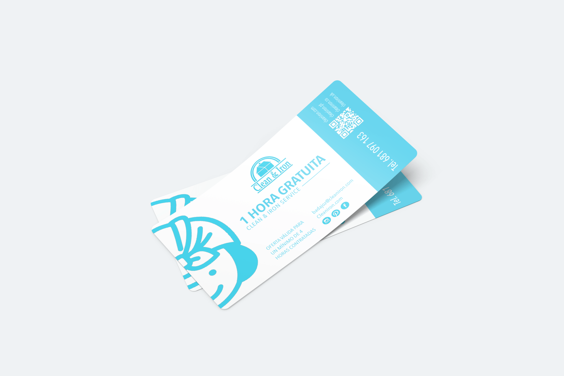 Disseny tickets per Clean & Iron Service. Dissenyat per Mersi Studio Andorra. Mockup tickets amp fons neutre.