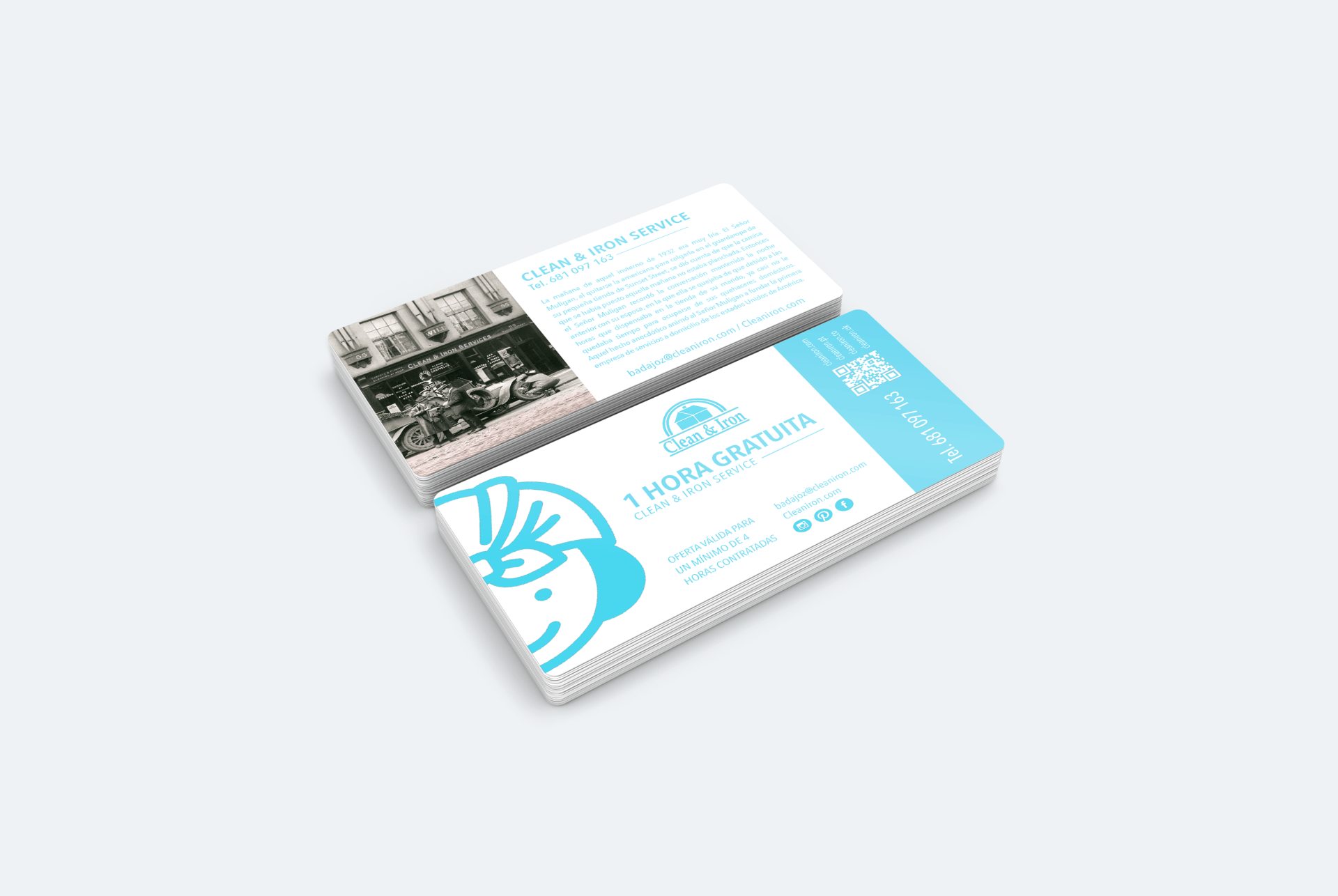 Disseny tíquets compra per Clean & Iron Service. Dissenyat per Mersi Studio. Mockup tikets amb fondo neutro.