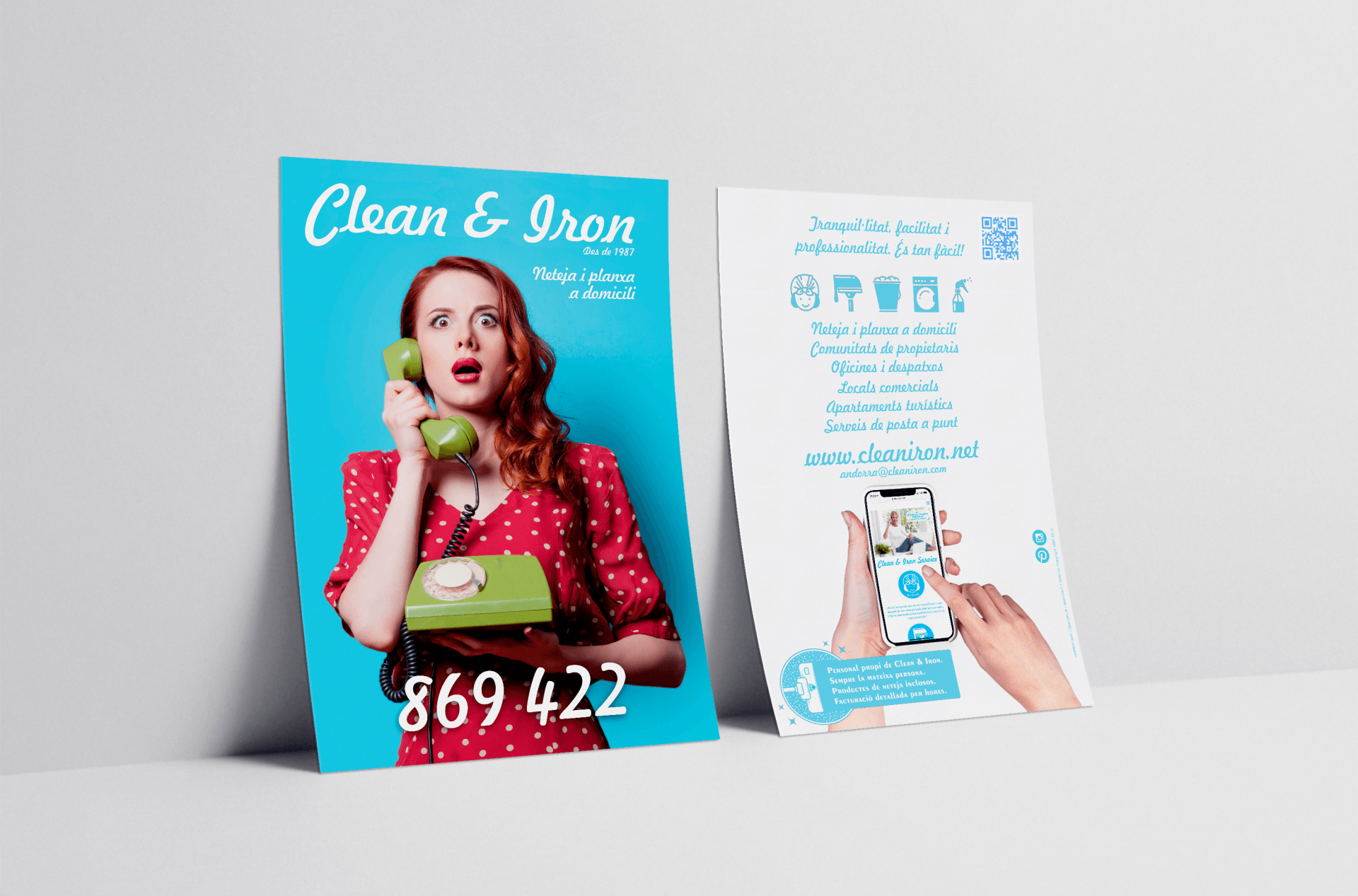 Disseny Fulletó informatiu per Clean & Iron Service Andorra. Dissenyat per Mersi Studio. Mockup folleto en fondo neutro.