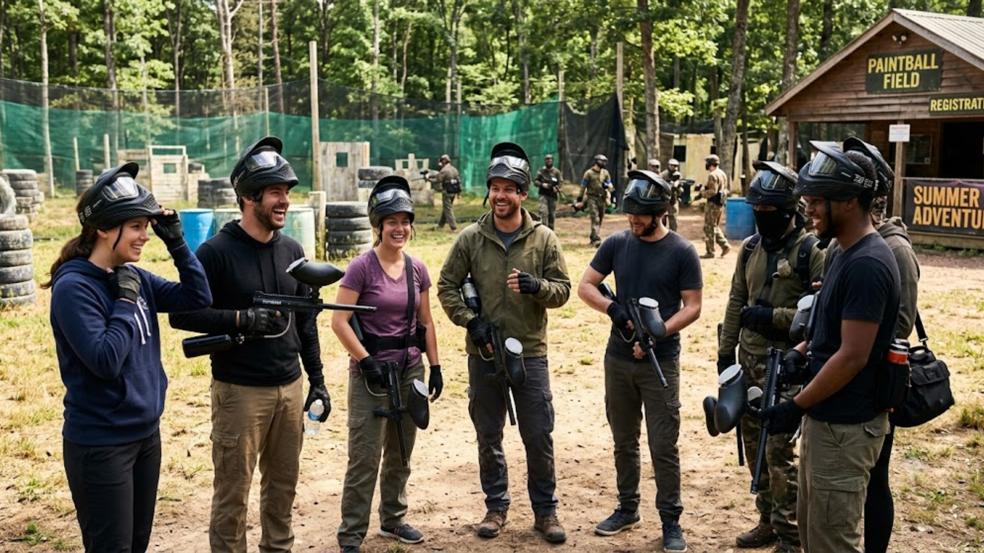 summer paintball party group preparing for outdoor event