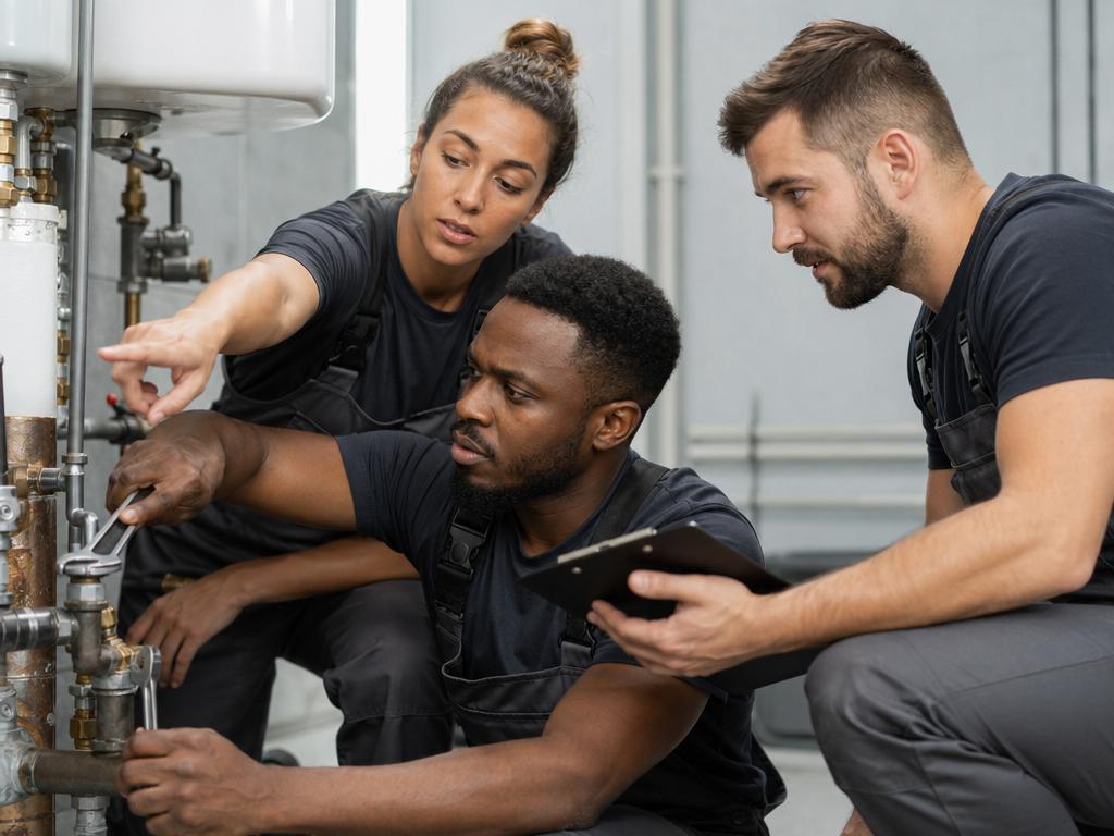 A team of service professionals servicing pipes