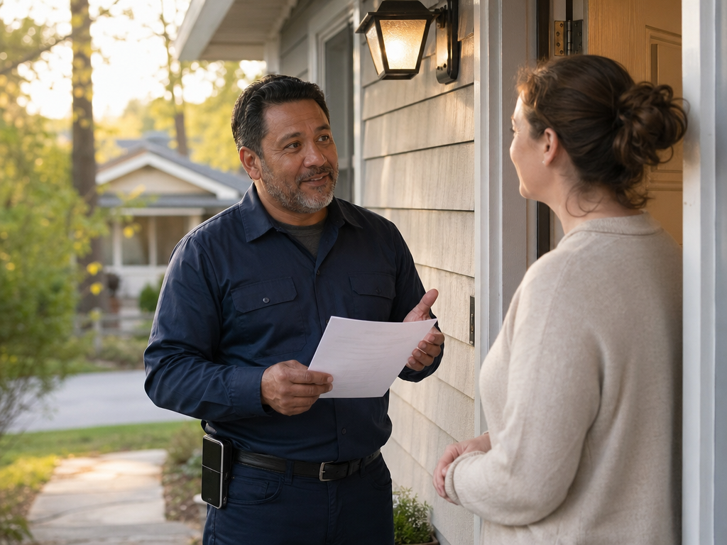 A service pro from a franchise talking with a homeowner