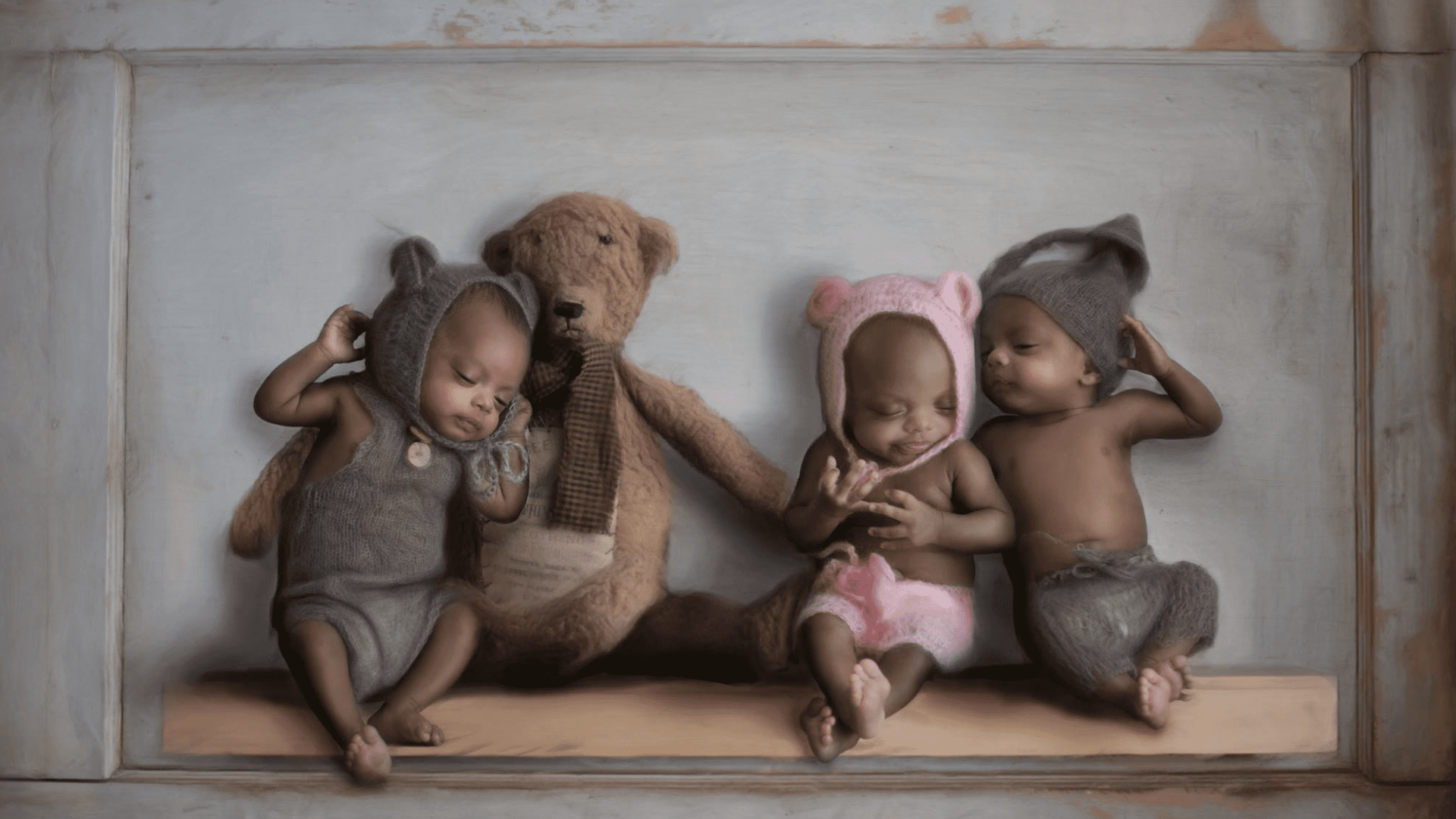 Three babies in animal hats with a teddy bear, sitting on a ledge.
