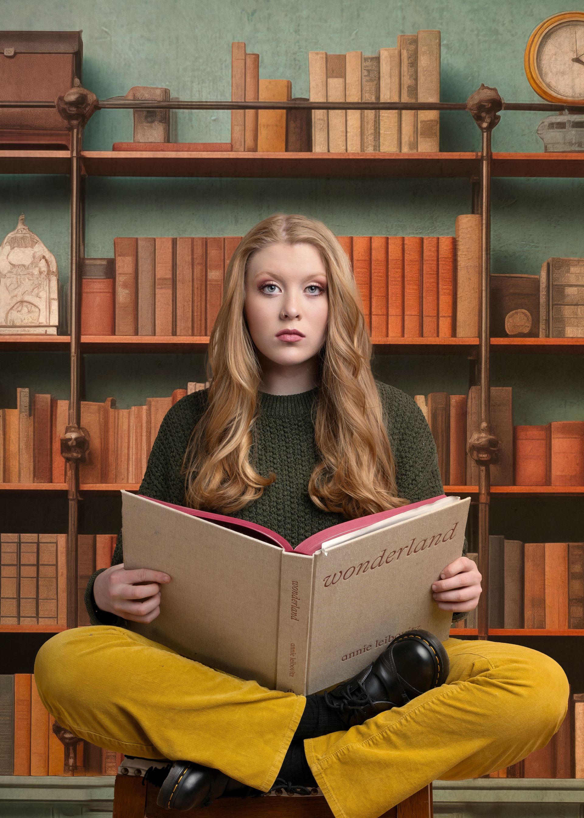 Blonde woman reads a large book, sitting in front of a bookshelf, wearing yellow pants and a green sweater.