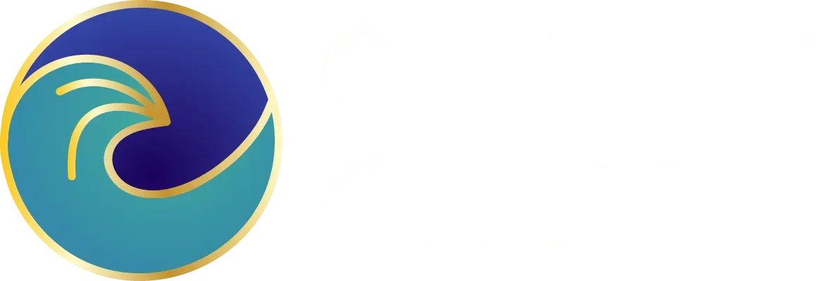 A blue and gold wave in a circle on a white background.
