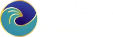 A blue and gold wave in a circle on a white background.
