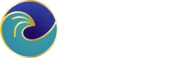 A blue and gold wave in a circle on a white background.