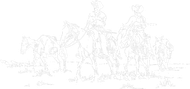 A black and white drawing of a group of people riding horses.