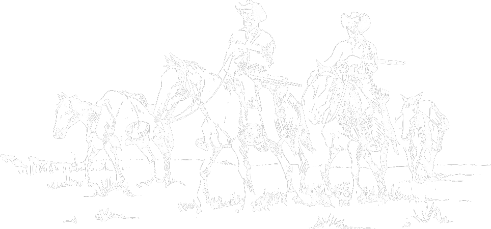 A black and white drawing of a group of people riding horses.