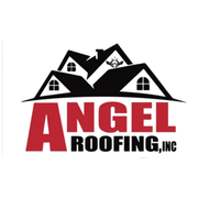 Angel Roofing, Inc. logo with black house roofs and red and black text.