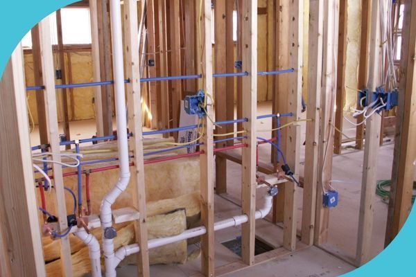Interior view of exposed wooden framing with blue, white, and red pipes, insulation, and electrical boxes.