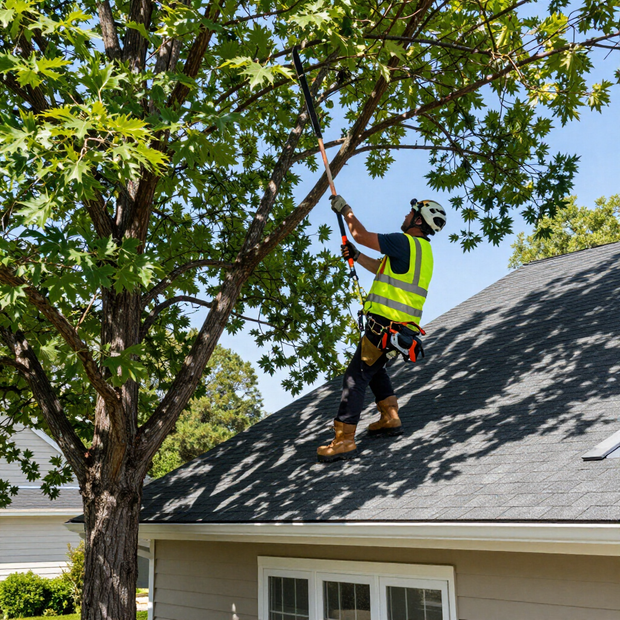 A worker in a high-visibility vest and helmet stands on a shingled roof, using a pole saw to trim a tree's branches. A worker in a high-visibility vest and helmet stands on a shingled roof, using a pole saw to trim a tree's branches.