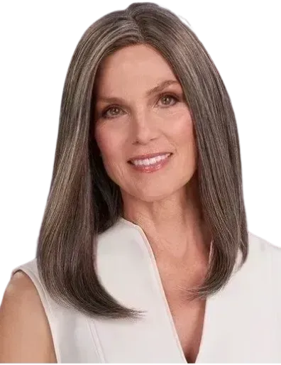 Smiling woman with straight brown hair wearing a white sleeveless top on a white background