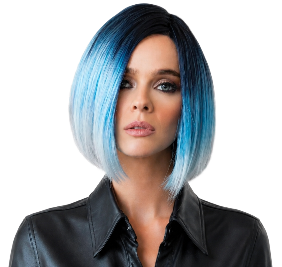 Portrait of a person with blue bob haircut wearing a black leather jacket on a white background
