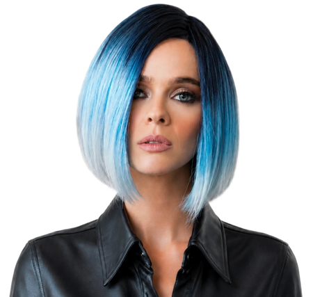 Portrait of a person with a blue-and-black bob haircut wearing a black leather jacket on a white background