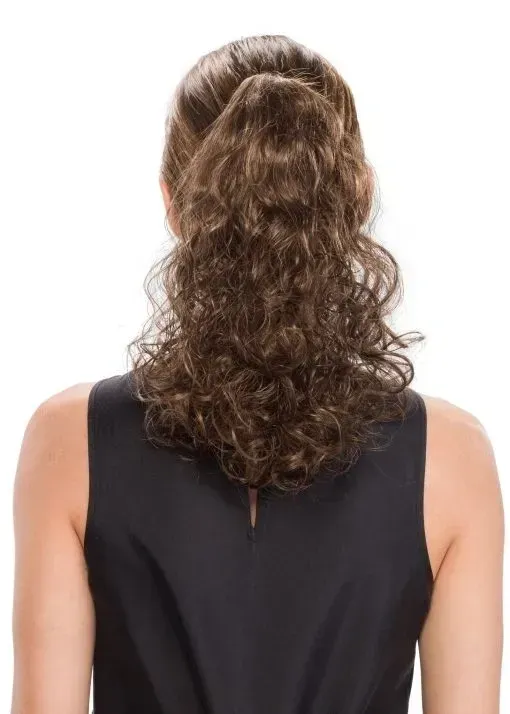 Back view of a person with curly brown hair wearing a black sleeveless top against a white background