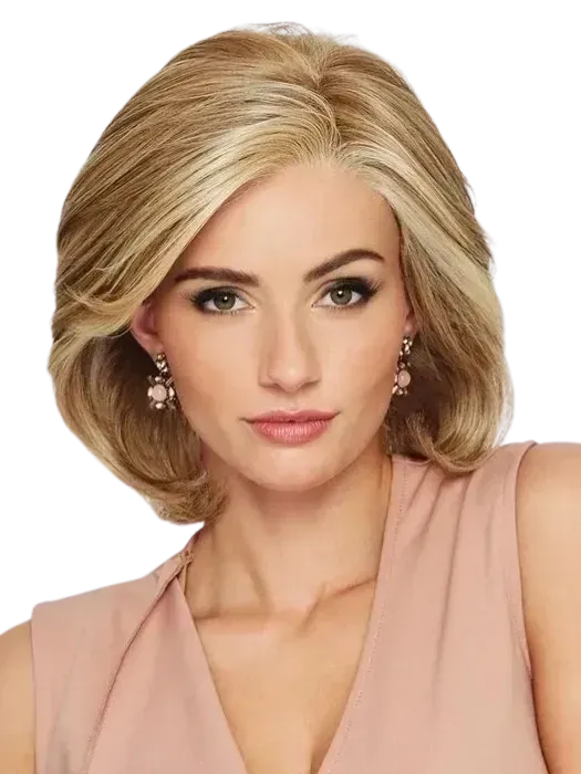 Blonde woman in a blush pink sleeveless top, facing forward against a white background