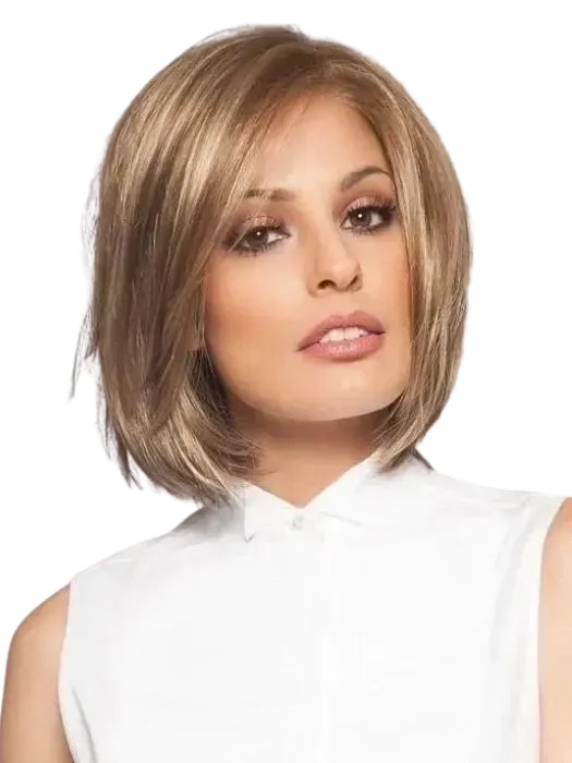 Portrait of a woman with a blonde bob haircut wearing a white sleeveless top on a white background