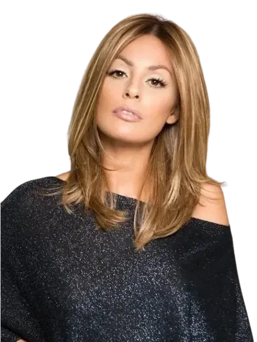 Portrait of a woman with straight light brown hair wearing a black sparkly top on a white background