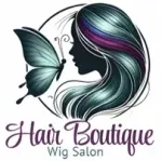 Hair Boutique Wig Salon logo with butterfly and flowing multicolored hair silhouette