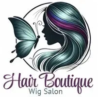 Hair Boutique Wig Salon logo with butterfly and flowing multicolored hair silhouette