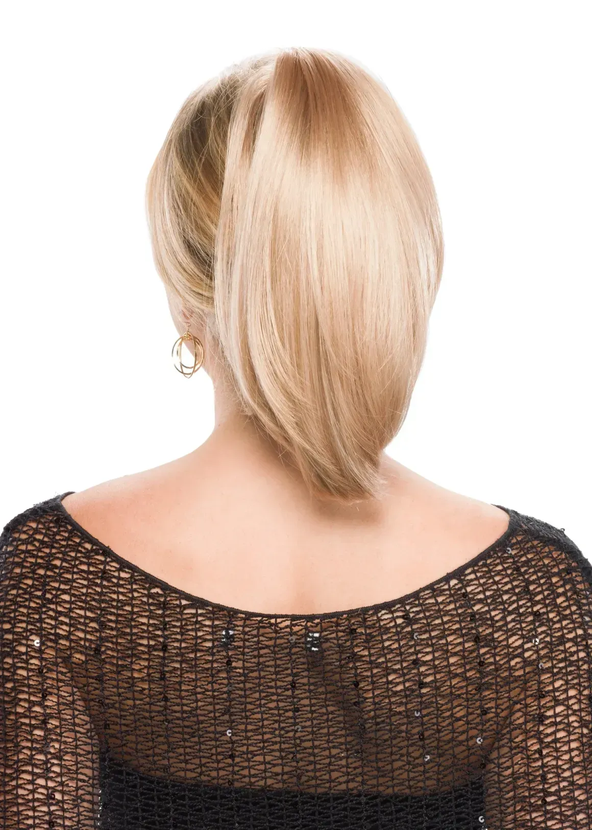 Blonde bob hairstyle viewed from the back, with a side-swept layered cut on a white background