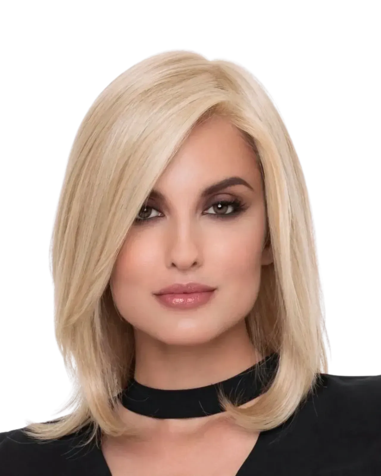 Blonde woman with shoulder-length hair wearing a black top and choker, facing forward against a white background