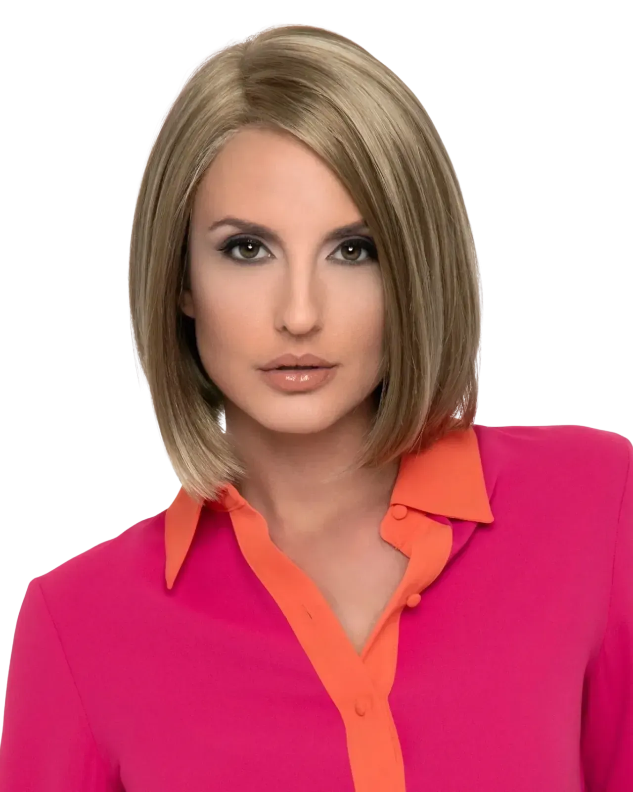 Portrait of a person with a blonde bob, wearing a bright pink blouse with an orange collar, against a white background