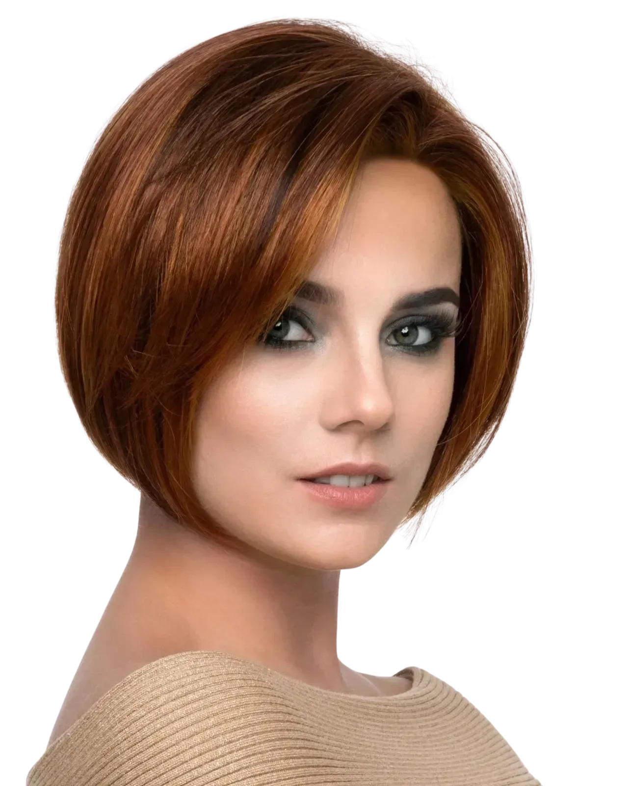 Portrait of a person with short auburn hair, smoky eye makeup, and a beige sweater on a white background