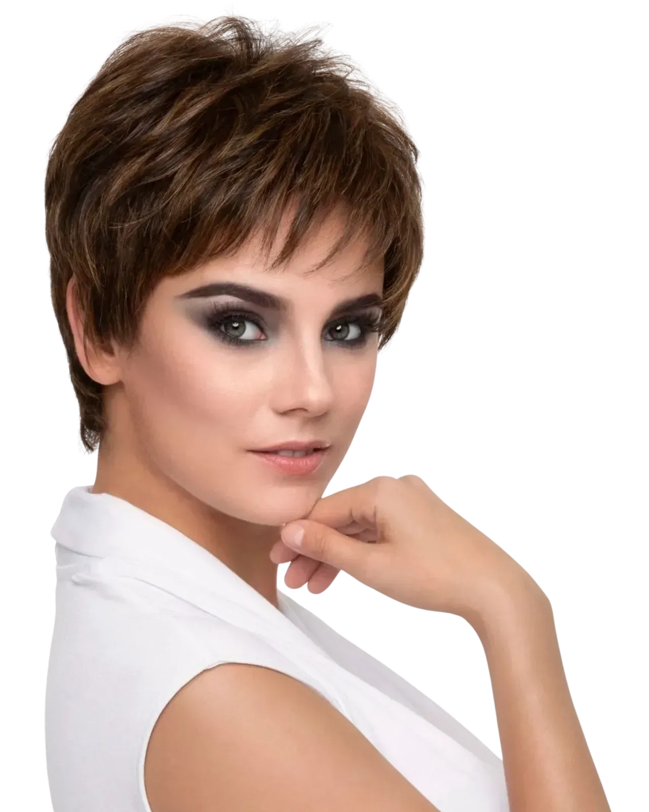 Portrait of a person with short brown hair, smoky eye makeup, and a white sleeveless top on a white background